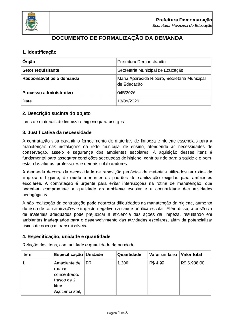 Primeira página de um Documento de Formalização da Demanda exportado pelo AnalisePreços: brasão e nome do órgão no cabeçalho, a tabela de identificação, a justificativa da necessidade e a tabela de itens com unidade, quantidade e valores