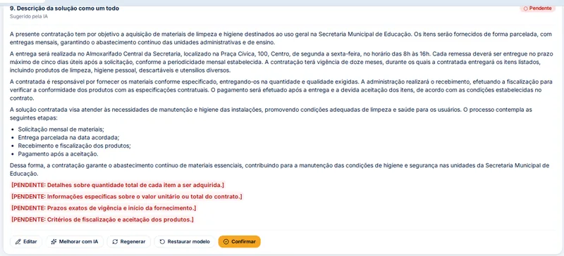 Seção de um ETP marcada como sugerida pela IA: depois do texto, quatro marcadores em vermelho indicando o que falta informar, e a barra de ações com Editar, Melhorar com IA, Regenerar, Restaurar modelo e Confirmar