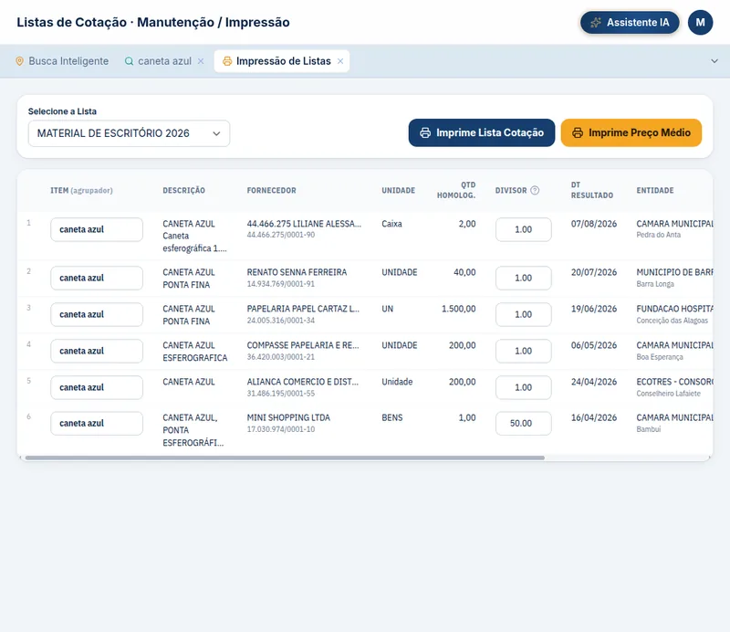 Tela da Lista de Cotação: os preços guardados em uma grade com item, descrição, fornecedor e CNPJ, unidade, quantidade homologada e a coluna Divisor editável — uma das linhas traz divisor 50, convertendo a caixa para o preço unitário.
